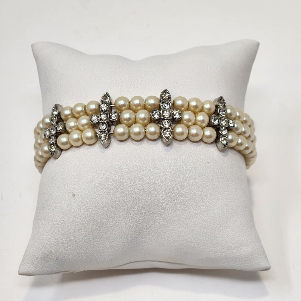 Crystal Cross Faux Pearl Beaded Cuff Bracelet Multi Strand Silver Tone Religious